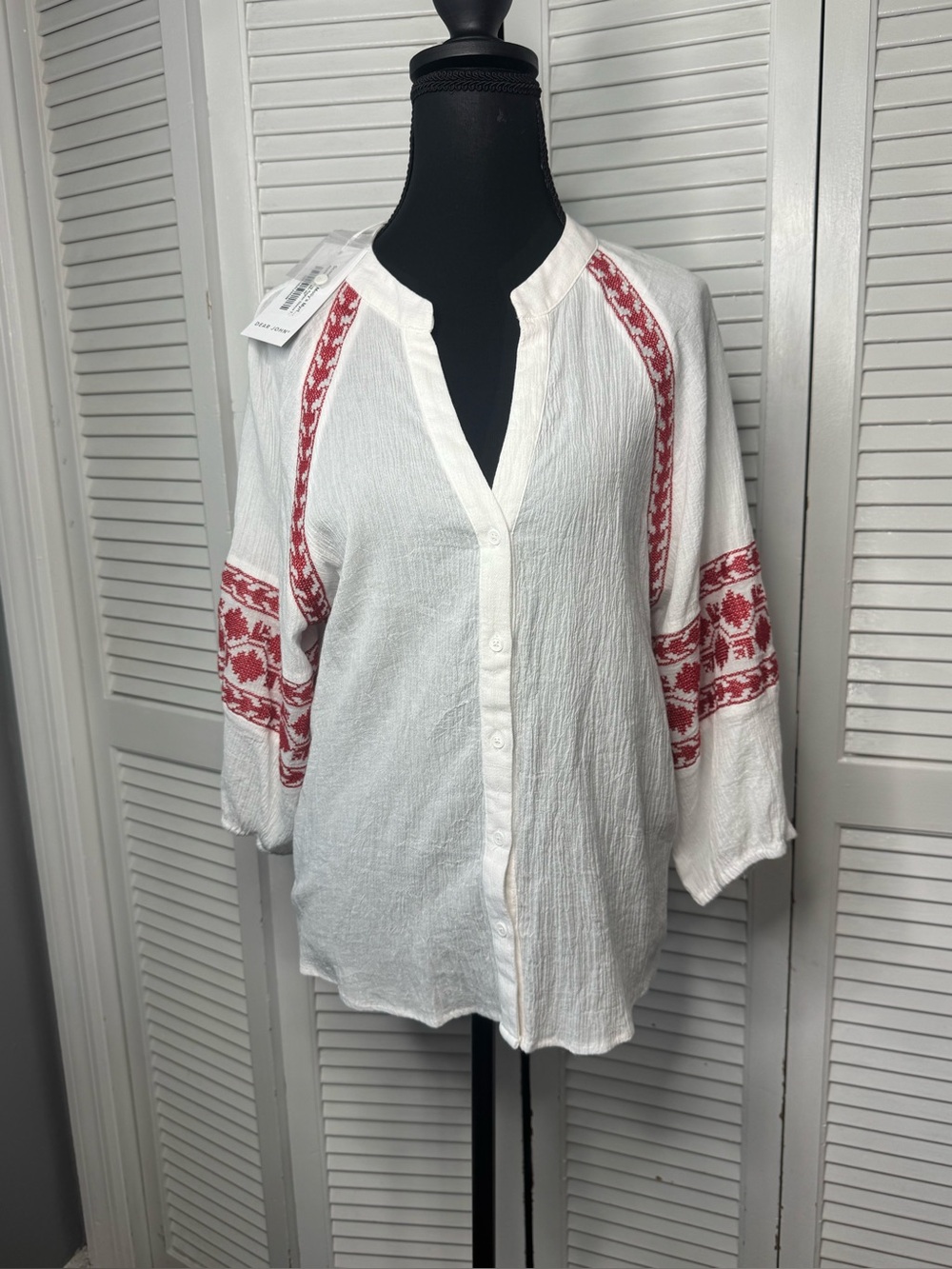 Dear John Jada White Red Embroidered Cotton Boho Prairie Festival Blouse Medium